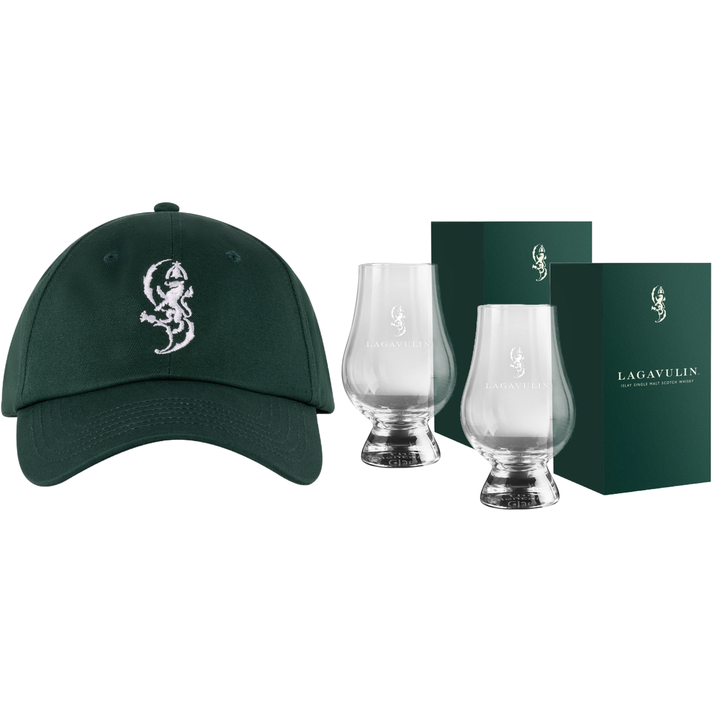 Lagavulin Cap Green & 2 Lagavulin Glencairn Glases