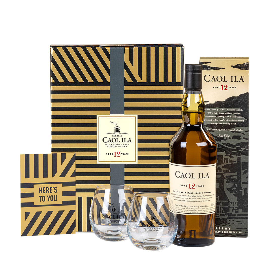 Caol Ila 12 Year Old Islay Single Malt Scotch Whiskey 70cl in a High Quality Gift Set With Glasses &amp; Greeting Card