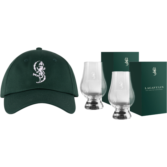 Lagavulin Cap Green & 2 Lagavulin Glencairn Glases