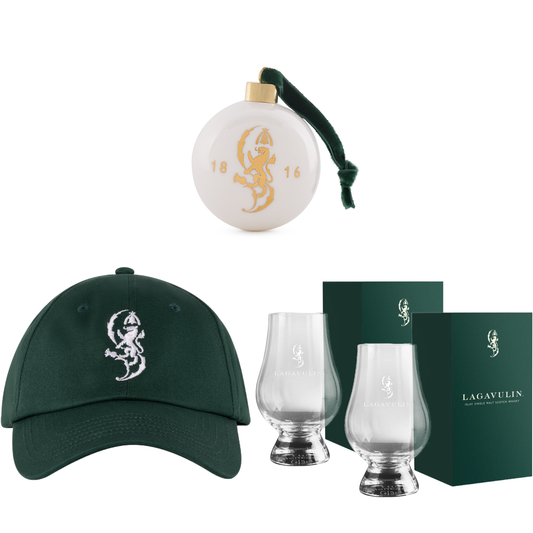 Lagavulin Cap Green, 2 Lagavulin Glencairn Glases & Lagavulin Christams Bauble